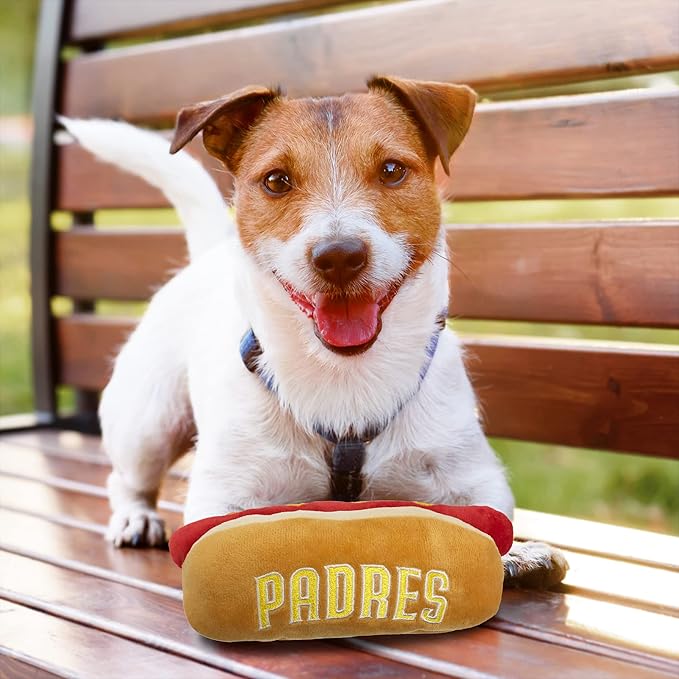 MLB San Diego Padres Plush Dog Toys - Stadium Theme Snacks - Cutest Plush HOT-Dog Toy for Dogs & Cats with Inner Squeaker & Premium Embroidery of Baseball Team Name/Logo