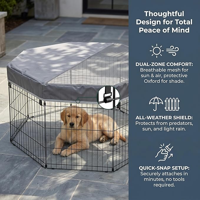 PJYuCien Octagonal Playpen Top Cover for 24" Side Metal Pet Pen, Half Mesh Half Oxford with Silver Coating & Snap Hooks, Predator & Weather Protection, Cozy Den for Puppy Small Animals, Gray