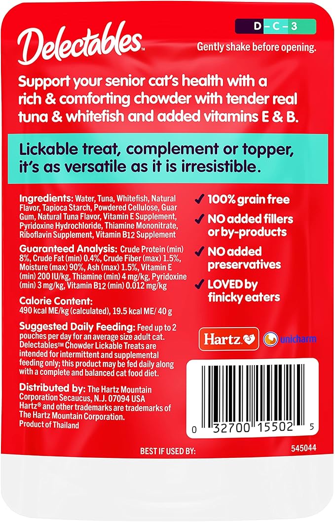 Delectables Lickable Treat Chowder Senior 10+ Wet Cat Treat with Real Tuna & Whitefish, Food Topper, Hydrating, Grain-Free, No Fillers, By-Products, Added Preservatives, 1.4oz Pouch, 12ct