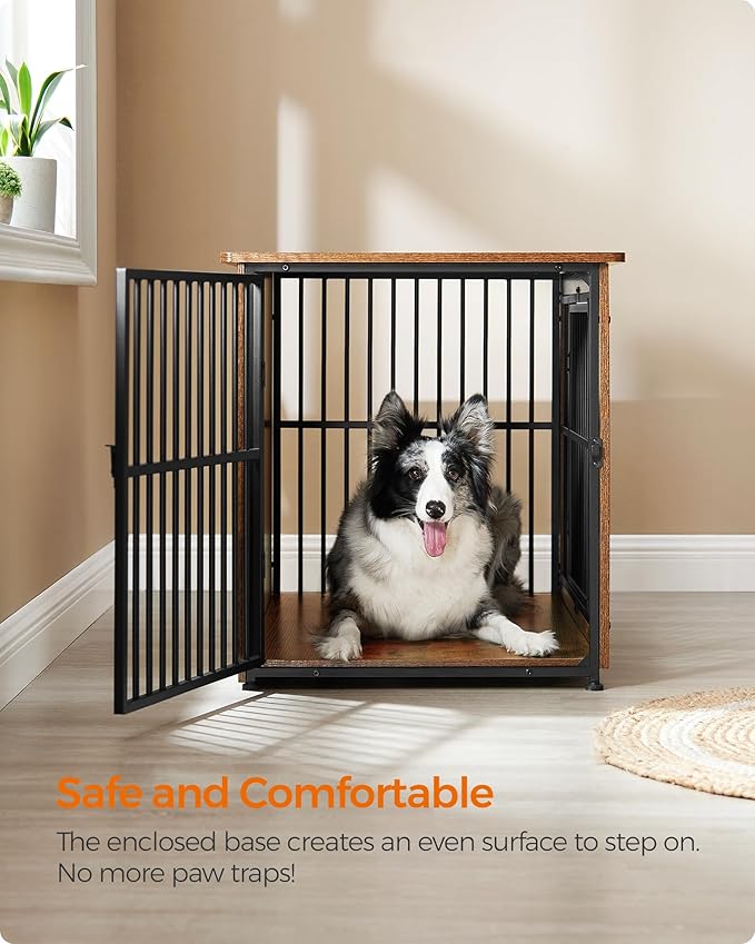Feandrea 38.6" Dog Crate Furniture, Heavy-Duty Dog Cage Side End Table, XL Pet Wood Kennel for Large and Medium Dogs up to 70 lb with Enclosed Base, Double-Door Pet House, Rustic Brown