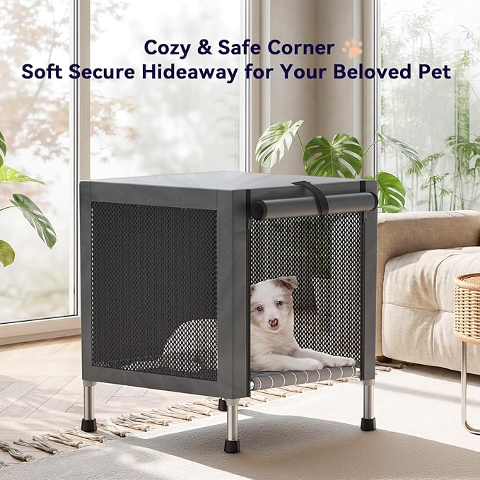 Small Stainless Steel Elevated Dog Crate with Cover, 2-in-1 Indoor & Outdoor Raised Pet House, Rust-Proof Dog Kennel with Silicone Anti-Slip Feet, Tool-Free Assembly