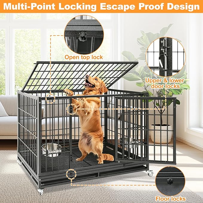 Homey Pet 48 Inch Heavy Duty Indestructible Dog Crate, Stackable Escape Proof Dog Cage Kennel Indoor with Two Trays, Metal Grids, Wheels, Bowls, Double Doors for High Anxiety Large Dogs(2 Tiers)