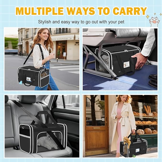 HUANLANG Soft-Sided Cat Carrier Airline Approved,Dog Carriers for Small Dogs Medium Cats,Pet Travel Carrier Up to 20 Lbs,Collapsible Cat Bag