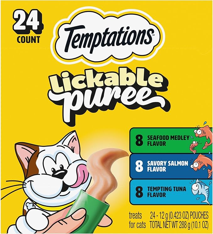 Temptations Creamy Puree Squeezable Lickable Cat Treats, Wet Cat Treats with Tuna, Salmon, and Seafood Medley Variety Pack, 0.42 oz. Tubes, 24 Count