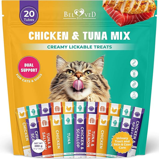 Beloved Pets Creamy Lickable Cat Treats & Wet Squeeze Tubes – Tuna Mix, Liquid Cat Snacks, Urinary Care, Multivitamin Treats for Cats & Small Dogs, Lick Up (10 Ounce, Tuna + Chicken Mix 20 Sticks)