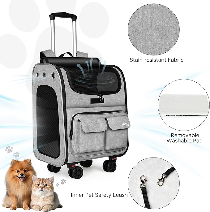 MGB Large Pet Carrier, Foldable Rolling Dog Carrier with Removable Wheels, Cat Rolling Bag 21.3"x15"x12.2" for 2 Cats & 1 Dog for Travel, Outdoor, Vet Visits, Camping, Indoor. Gray. (Not for Airline)
