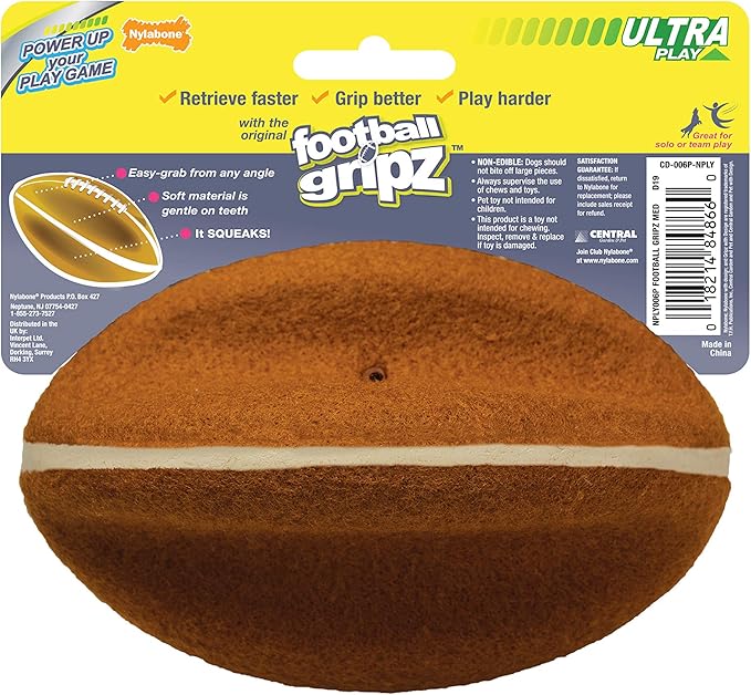 Nylabone Power Play Felt Football Gripz Fetch Toy, Squeaky Ball Chew Toy for Dogs, Medium (1 Count)