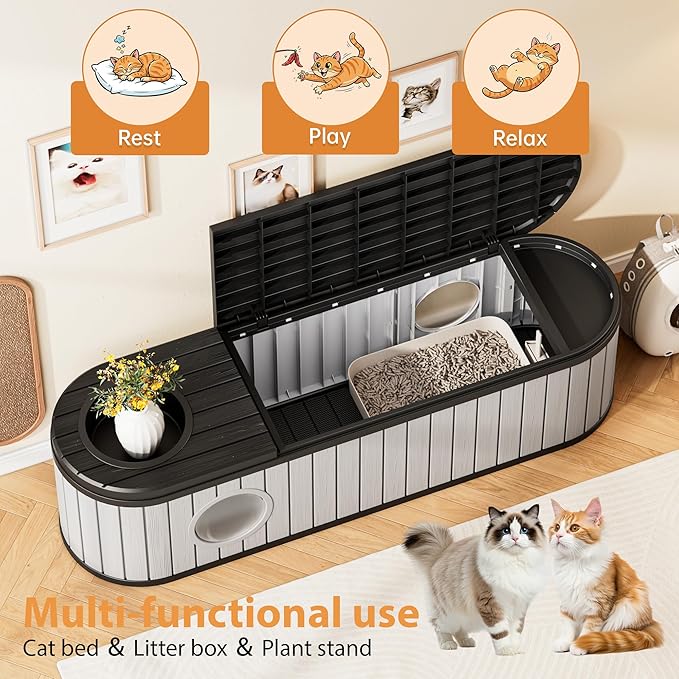 Hidden Litter Box Furniture for 2 Cats,Cat Litter Box Enclosure with Round Lift-up Door,Large Cat Cabinet,Indoor Cats House with Two Exits Grey
