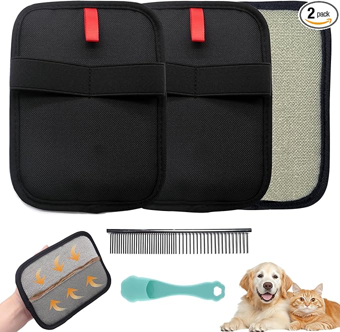 Pet Hair Removal Glove for Small Hands, 2Pcs Electrostatic Dog Cat Hair Remover Gloves for Furniture Car Seat Couch, Reusable Grooming & Shedding Tool with Free Steel Comb & Toothbrush