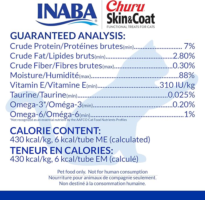 INABA Churu for Skin & Coat, Lickable, Squeezable Cat Treat with Omega Oils, Taurine and Vitamin E, 0.5 Ounces Each Tube, 50 Tubes, Skin & Coat Variety