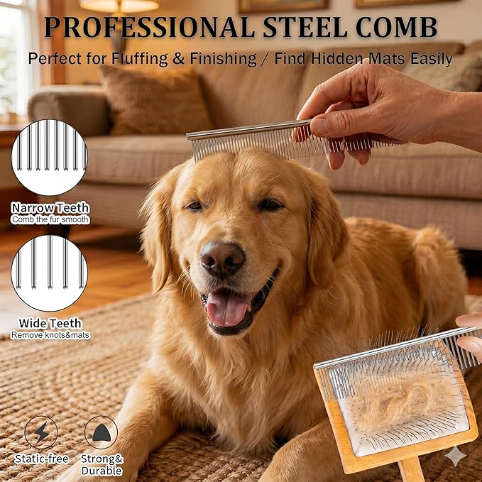 Dog Slicker Brush for Goldendoodles & Poodles - 3-in-1 Dematting Kit with Long Pin Slicker Brush & Dematting Comb - Deep Grooming Tool for Long Haired, Curly Coats, Wooden Handle, Natural