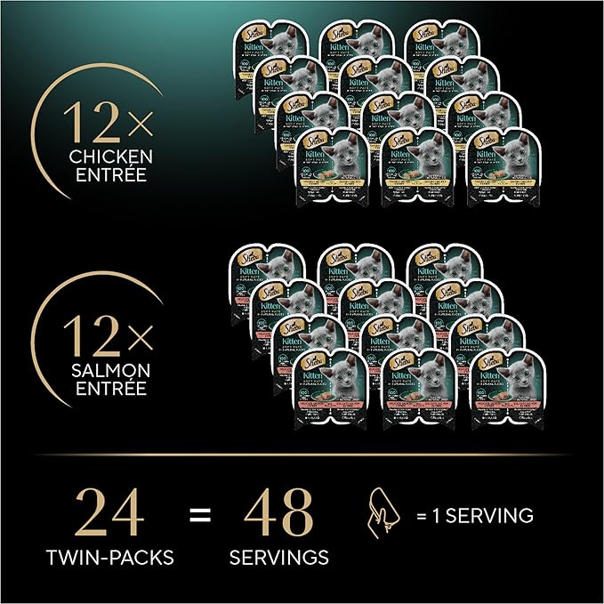 Sheba Perfect Portions Kitten Wet Food, Pate Cat Food Wet Entree, Chicken Recipe and Salmon Recipe, 2.6 oz. Twin-Pack Trays (12 Count, 24 Servings) (Pack of 2)