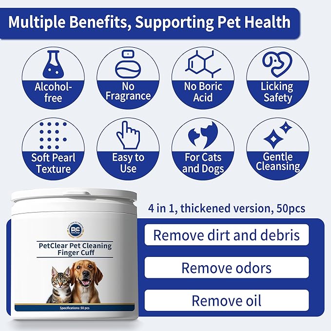 Cleaning Finger Wipes for Dogs and Cats, 4 in 1 Pet Finger Wipes, Cleaning, Soothing, Decodorizing Teeth, Ears, Eyes, Chin, Removes Dirt and Odors, Non Irritating, 50 Pcs (2 Count)