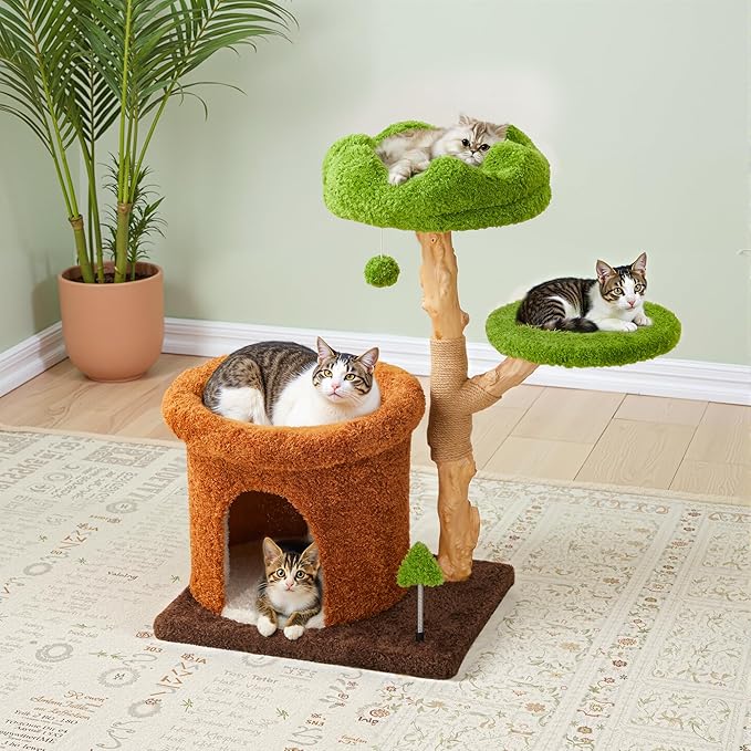 Cat Tree Tower, 32-Inch Multi-Level Natural Wooden Cat Furniture with Sisal Scratching Posts, Beds & Condo, Cute Cat Tree for Indoor Cats, Multi-Cat House Hold solds
