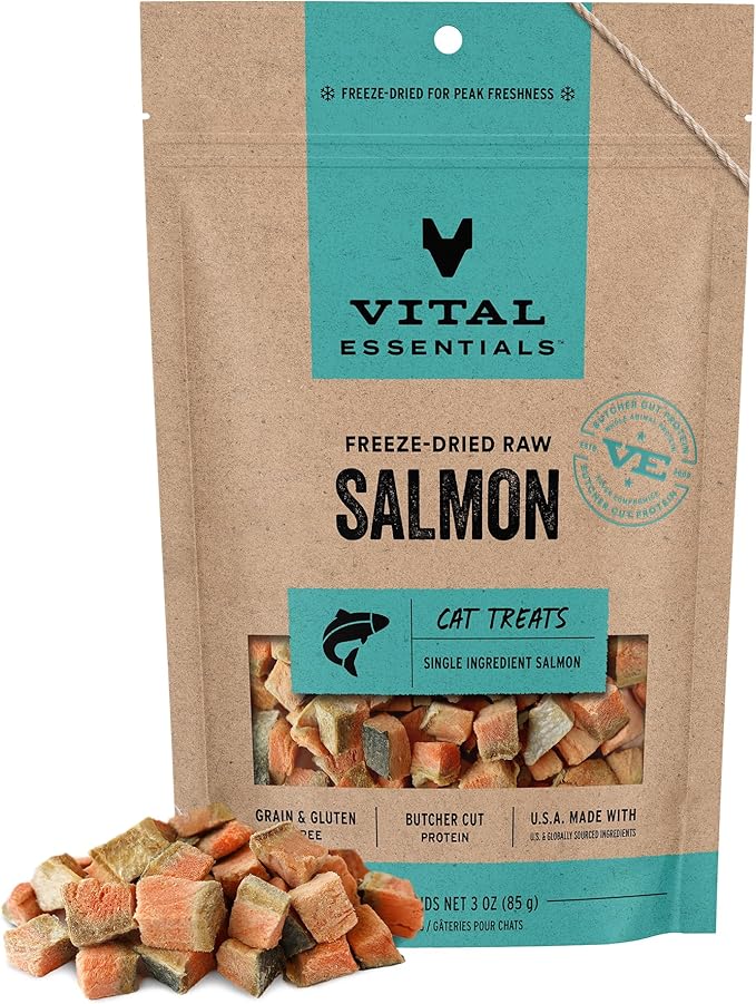 Vital Essentials Freeze Dried Cat Treats | Diced Salmon Bites, Single Ingredient | Premium Quality | Grain Free, Crunchy Cat Treats, 3 oz Bag
