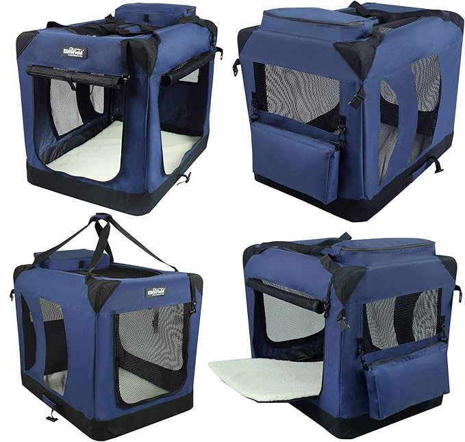 EliteField 3-Door Folding Soft Dog Crate with Carrying Bag and Fleece Bed (2 Year Warranty), Indoor & Outdoor Pet Home (20" L x 14" W x 14" H, Navy Blue)