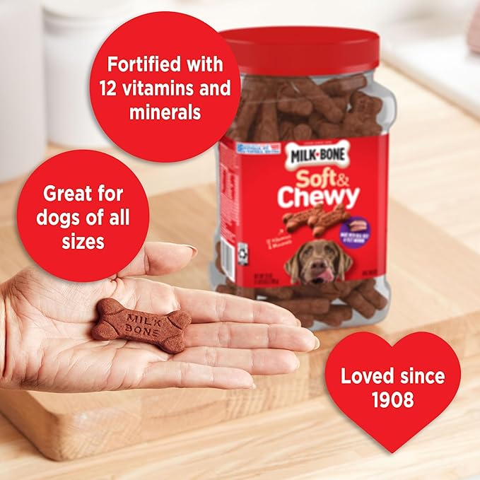 Milk-Bone Soft & Chewy Dog Treats, Made with Real Beef & Filet Mignon, 25 Ounce Canister
