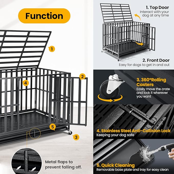 Oranland 48 inch Heavy Duty Indestructible Dog Crate,2026 Ultimate Base Plate for Large and Middle Dogs,Dog Kennel for High Anxiety Dogs/Max Load Capacity 300lbs/Double Door with 2 Lockable Wheels