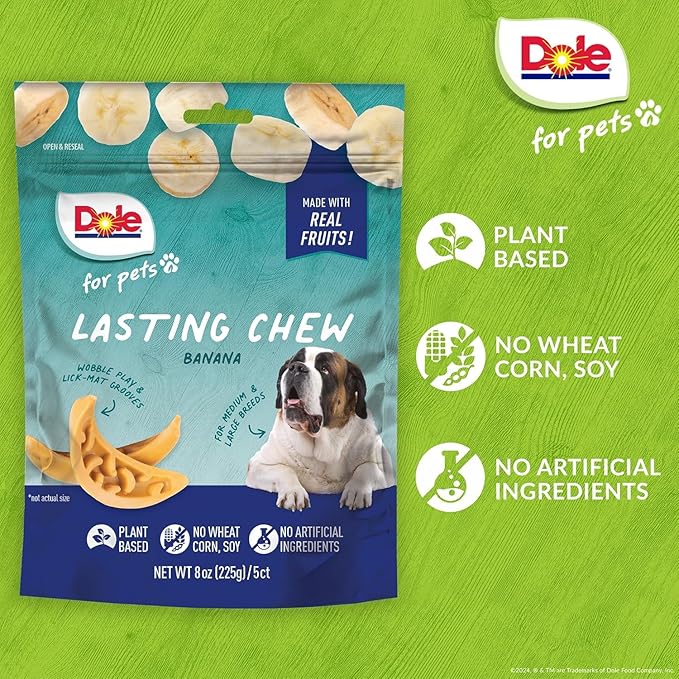 Dole for Pets Freshly Fetched Lasting Chew Banana Flavor Dog Treats, Medium and Large Breeds, No Wheat, Corn, Soy, Artificial Flavors, Colors, or Animal Products, 8 Ounces, 5 Chews - 2 Pack
