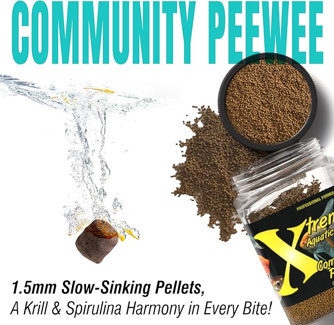 Xtreme Community Peewee 1.5mm Pellets: Slow Sinking & Ideal for Community Fish - Boosts Immune & Digestive Health, Enhances Color & Energy, Max Protein Fish Food – USA Farm Grown (20oz)