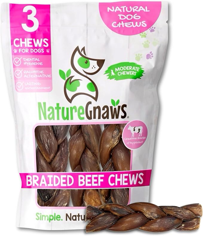 Nature Gnaws Braided Beef Chews for Dogs 5-6" (3 Count) - Long Lasting for Small and Medium Dogs - Natural Beef Gullet Jerky Dog Chew Treats