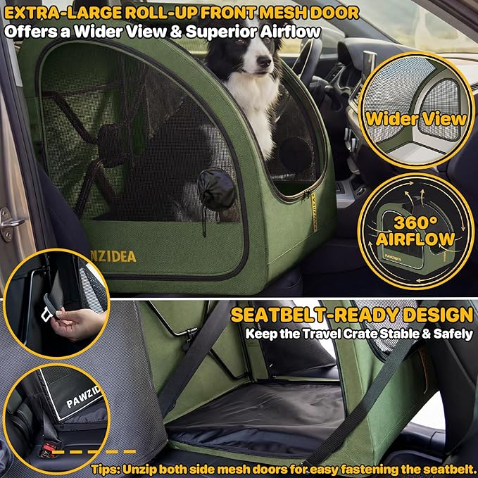 PAWZIDEA Portable Dog Crate for Car Travel, Collapsible Pet Travel Crates for Medium & Large Dogs Up to 80lbs, Enclosed Soft-Sided Car Kennel Carrier for Backseat, Secures w/Seatbelt & Headrest Strap