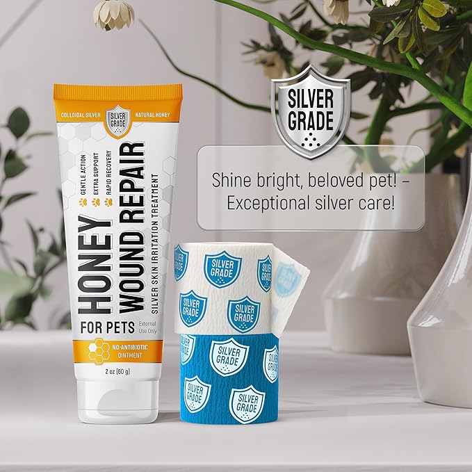 Hot Spot Treatment For Dogs & Cats to Help with Scratches, Cuts, Bites – Set of Honey Wound Repair Ointment in Gel Form + 2 Bandages – Horse & Dog Wound Care with Silver & Honey – All Pets Care – 2 Oz