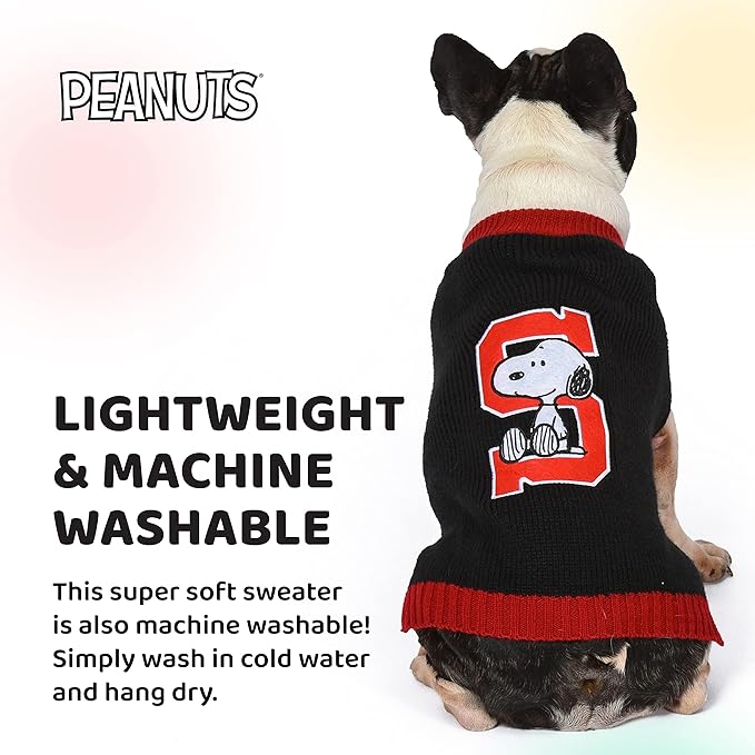 Peanuts for Pets Comics Snoopy Collegiate Dog Sweater, Soft and Comfortable Apparel Clothing Shirt for Medium Dogs, Black