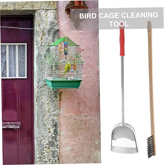 Abaodam 2pcs Bird Cage Cleaning Tool Set and Handle Shovel and Brush for Efficient Cleaning of Parrot and Bird Cages Random