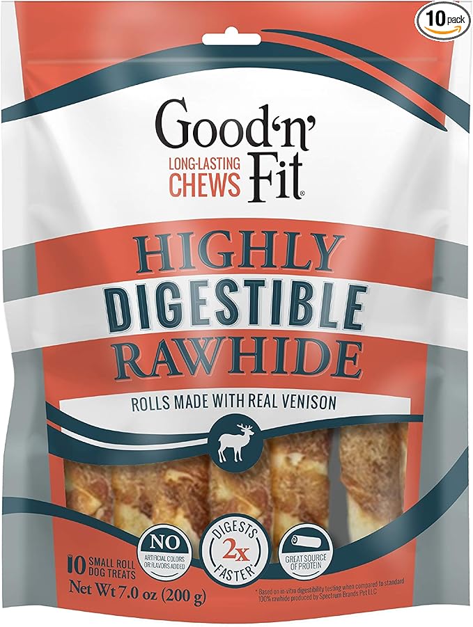 Good ’n’ Fit Small Rolls Made With Real Venison, 10 Count, Highly Digestible Rawhide For Dogs