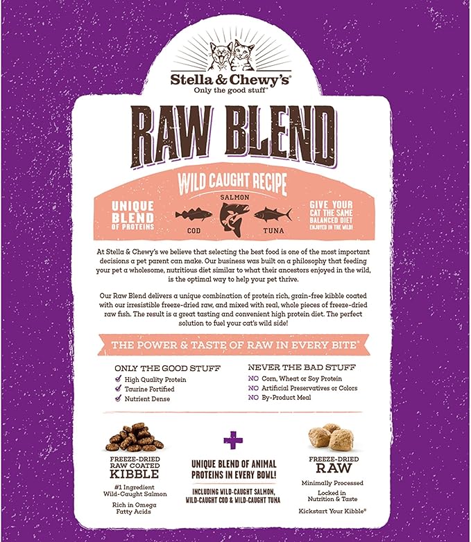 Stella & Chewy's Raw Blend Premium Kibble Cat Food – Grain Free, Protein Rich Meals – Wild-Caught Fish Recipe – 5 lb. Bag