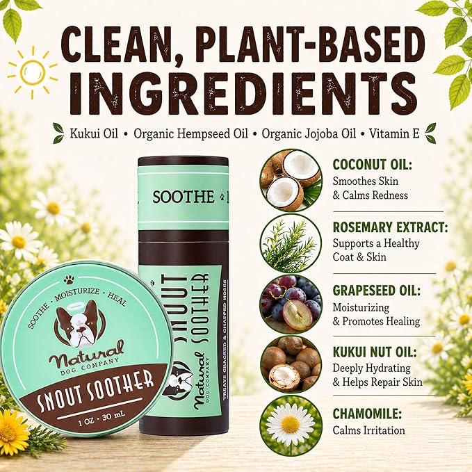 Natural Dog Company Snout Soother Dog Nose Balm – Moisturizing Care for Dry, Crusty, Cracked Noses with Coconut Oil & Shea Butter, Lick Safe Dog Snout Balm for All Breeds - 4 oz Tin