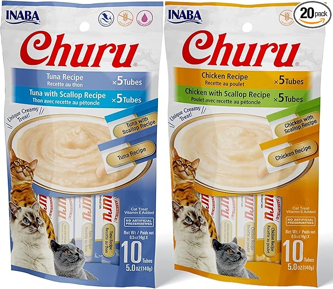 INABA Churu Tuna, Chicken and Scallop Lickable Creamy Purée Cat Treats Variety Pack of 20 Tubes