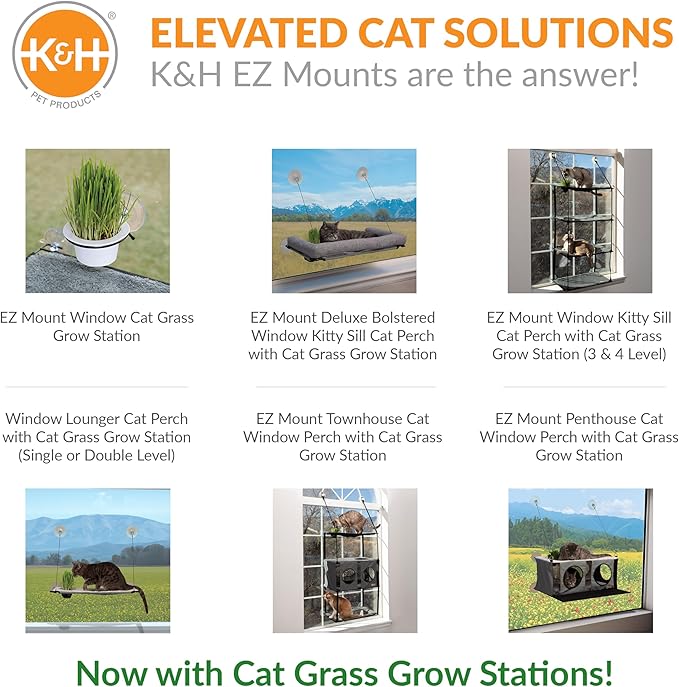 K&H Pet Products EZ Mount Cat Window Perch Deluxe Bolstered Kitty Sill with Cat Grass Grow Station - Hammock Window Bed for Indoor Pets, Home Grown Grass Toy for Bored Indoor Felines