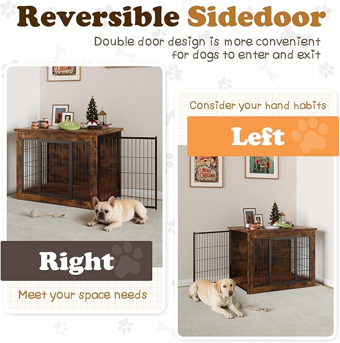 Dog Crate Furniture with Thick Cushion, Side End Table Wooden Dog Cage with Double Doors, Chew-Resistant Dog Kennel Dog House Indoor for Small to Large Dog