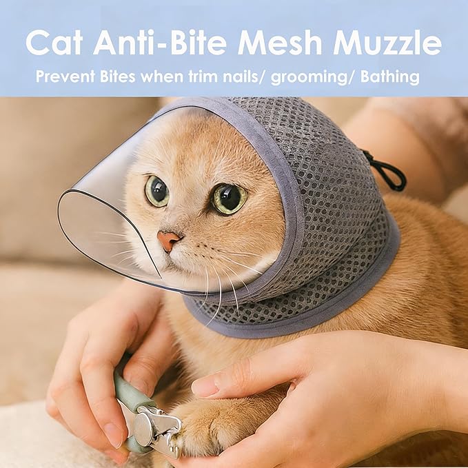 Cat Muzzle for Grooming, Breathable Mesh Cat Head Cover with Soft TPU Beak to Prevent Biting, Stress-Free Nail Trimming & Bathing for Kittens & Cats, S