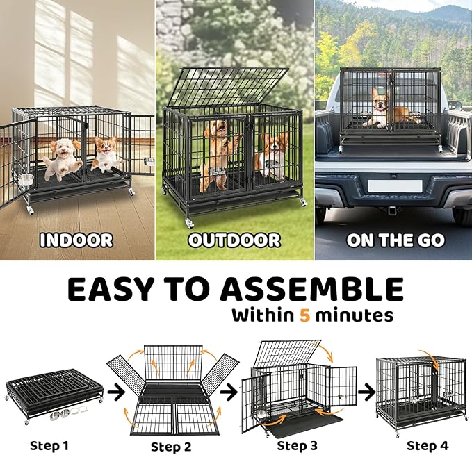 Homey Pet 43 Inch 2 Tiers Dog Crate Cage Kennel with Divider, Stackable Heavy Duty Dog Crate for Large Dogs, Escape Proof Indestructible Dog Kennel Indoor with Removable Tray, Lockable Wheels(4 Packs)