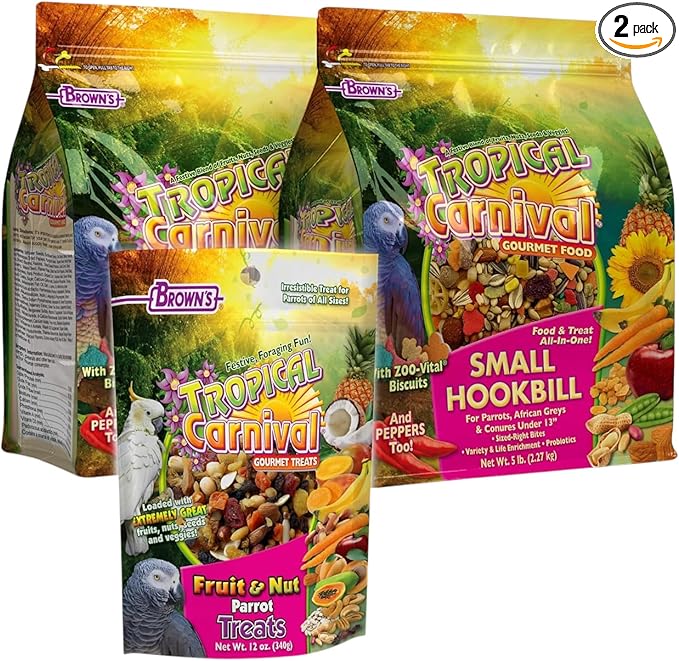 Tropical Carnival Brown’s Gourmet Small Hookbill Food & Fruit & Nut Parrot Treat Bundle – Vitamin-Fortified Daily Diet & Reward Mix for Parrots, Conures & Small Hookbills – 10 lb + 12 oz