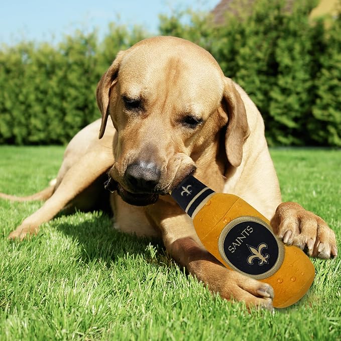 NFL New Orleans Saints Beer Bottle Plush Dog & CAT Squeak Toy - Cutest Stadium SODA Bottle Snack Plush Toy for Dogs & Cats with Inner Squeaker & Beautiful Football Team Name/Logo