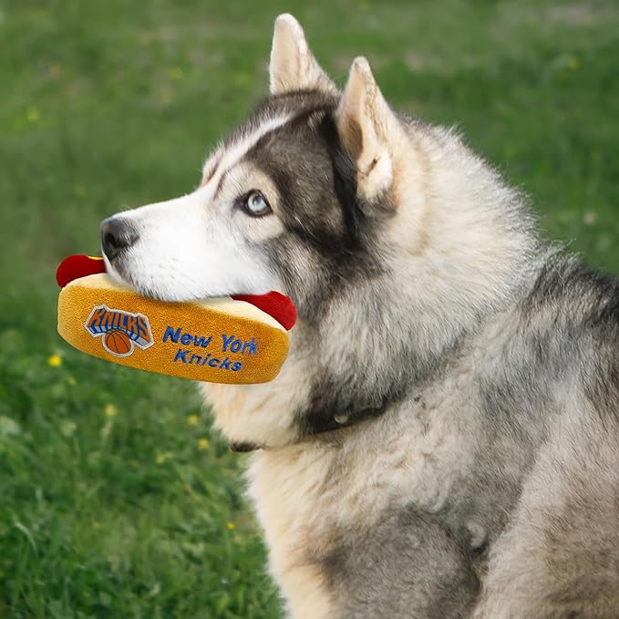 Pets First NBA New York Knicks HOT Dog Plush Dog & CAT Squeak Toy - Cutest HOT-Dog Snack Plush Toy for Dogs & Cats with Inner Squeaker & Beautiful Basketball Team Name/Logo 8 x 5 x 3 Inches