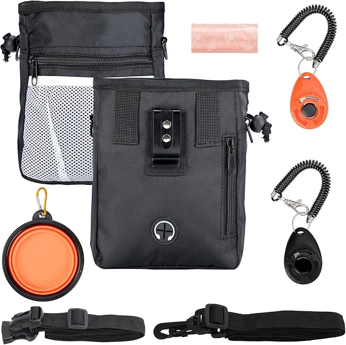 Dog Treat Pouch for Pet Training, 3-Way Wear Training Bag with 2 Clickers, Collapsible Bowl & Poop Bag, Large Capacity Dog Training Kit with Adjustable Waist Belt/Shoulder Strap for Walking