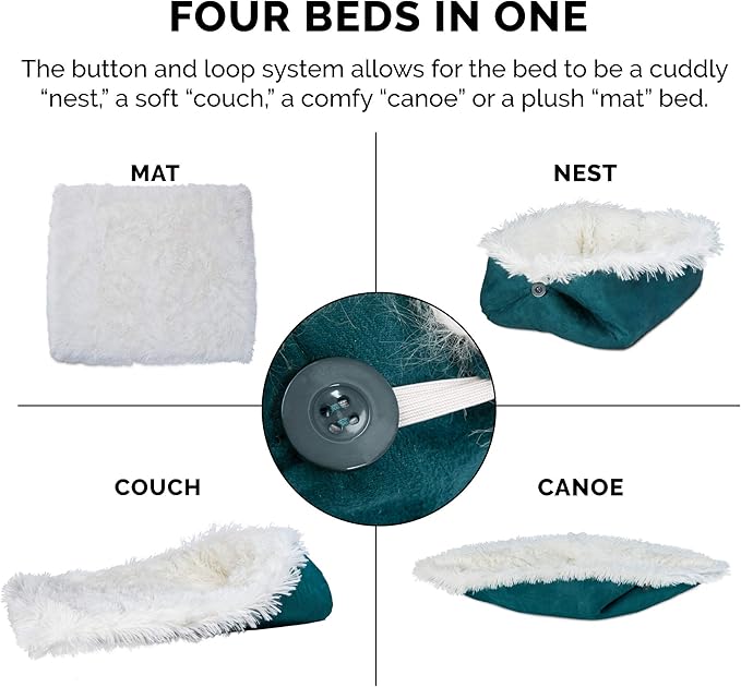 Furhaven Self-Warming Cat Bed for Indoor Cats, 4-Beds-in-1 & Washable - Plush Long Faux Fur Convertible Cuddler - Spruce, Small (Pack of 2)