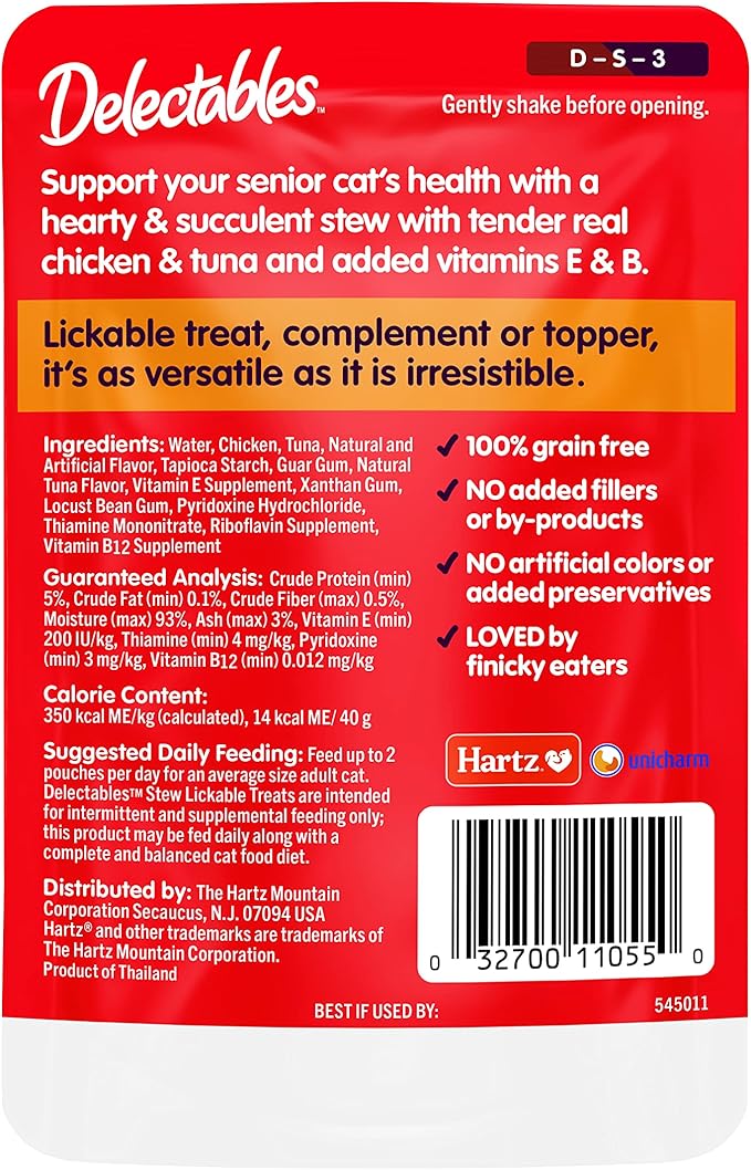 Delectables Lickable Treat Stew Senior 10+ Wet Cat Treat with Real Chicken & Tuna, Food Topper, Hydrating, Grain-Free, No Fillers, No By-Products, No Added Preservatives, 1.4oz Pouch, 12ct