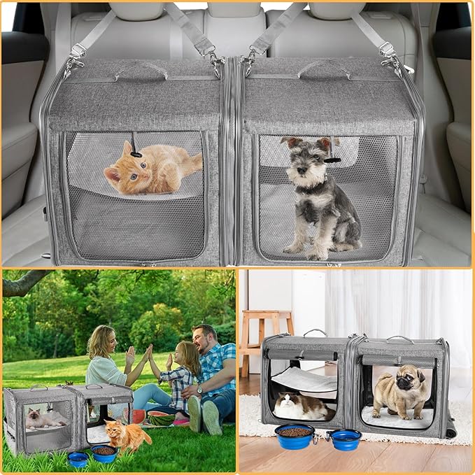 Cat Carrier for 2 Cats, Pet Travel Carrier for Cats and Small Dogs Up to 45 Lbs, Bowls, and Locking Zippers
