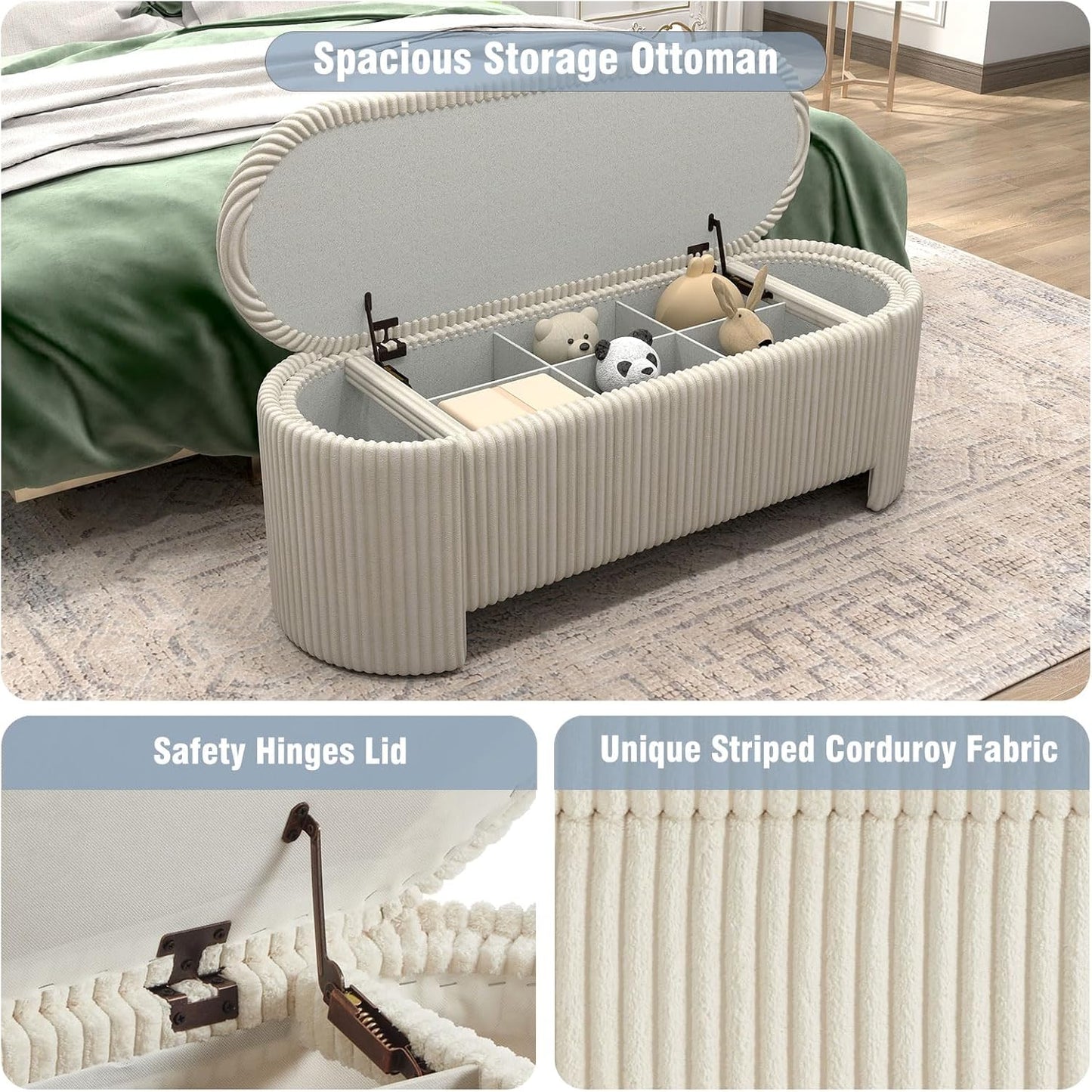 Storage Ottoman Bench Upholstered Corduroy End of Bed with Safety Hinge for Bedroom, Living Room, Entryway, Closet, Stool Modern Design Legs, No Installation Needed, White