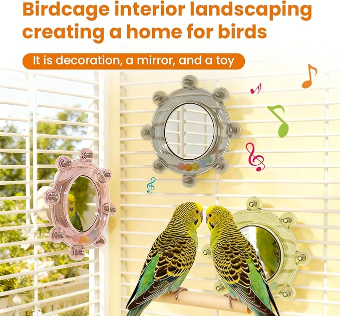 Bird Mirror Toys for Cage,Parakeet Rotating Sound Wheel Toy,Budgie Training Colorful Interactive Chew Toys for Canaries Lovebirds Conures Cockatiels cage Accessories (3, Rondom Color)