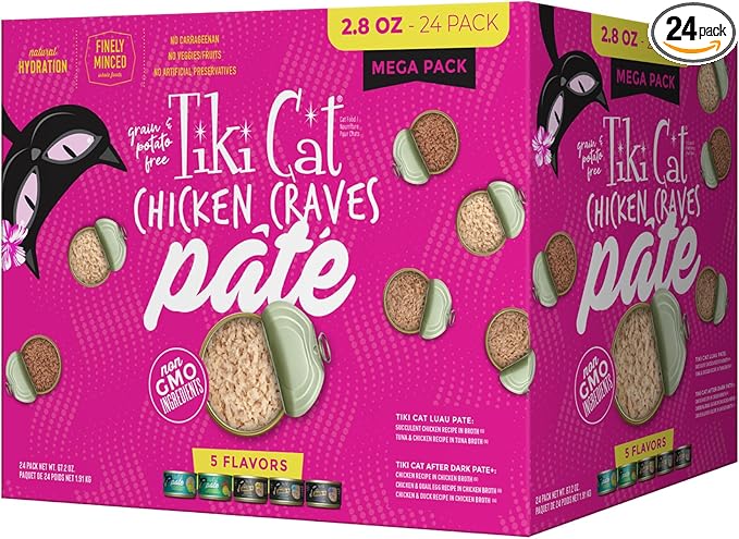 Tiki Cat Wet Cat Food Mega Pack for Cats, Chicken Craves Pates, 2.8 Ounce Cans (24 Count)