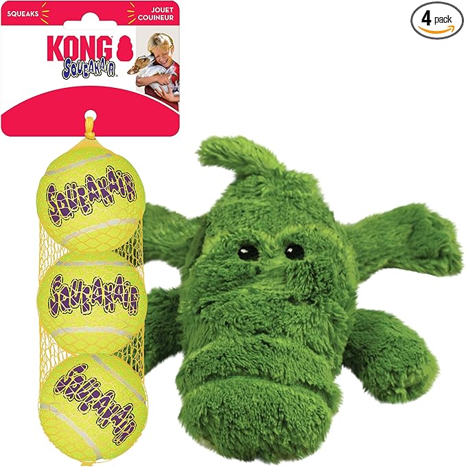 KONG Cozie Ali Alligator & SqueakAir Balls (3 Pack) - Dog Fetch & Chew Toys for Fun - Soft Toy Alligator for Indoor Play - Durable Dog Toy Balls for Outdoor Play - for Medium Dogs