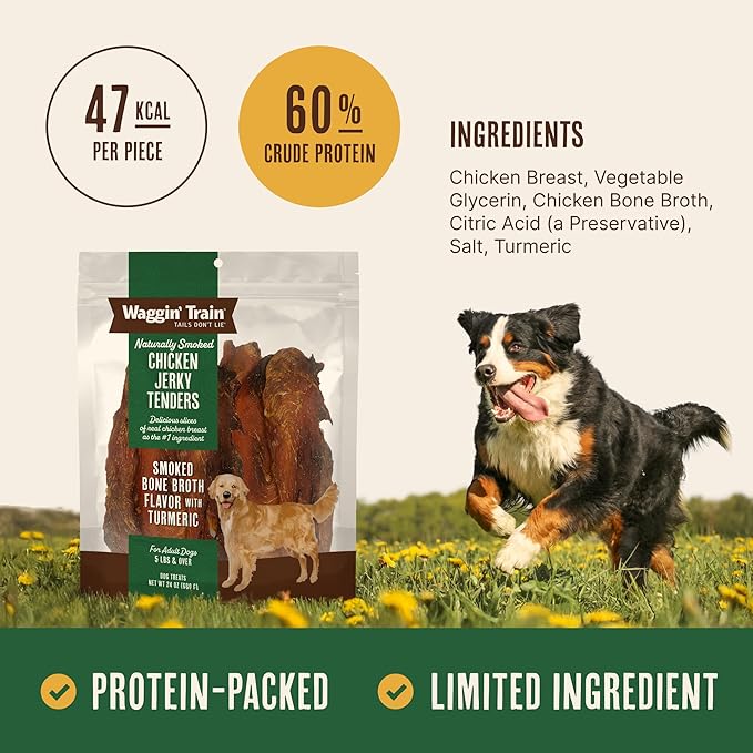 Waggin' Train Smoked Chicken Jerky Tenders for Dogs with Turmeric and Human Grade Bone Broth, Grain and Corn Free, High Protein, Premium Limited Ingredient 100% Real Chicken Dog Treats, 24 oz. Pouch