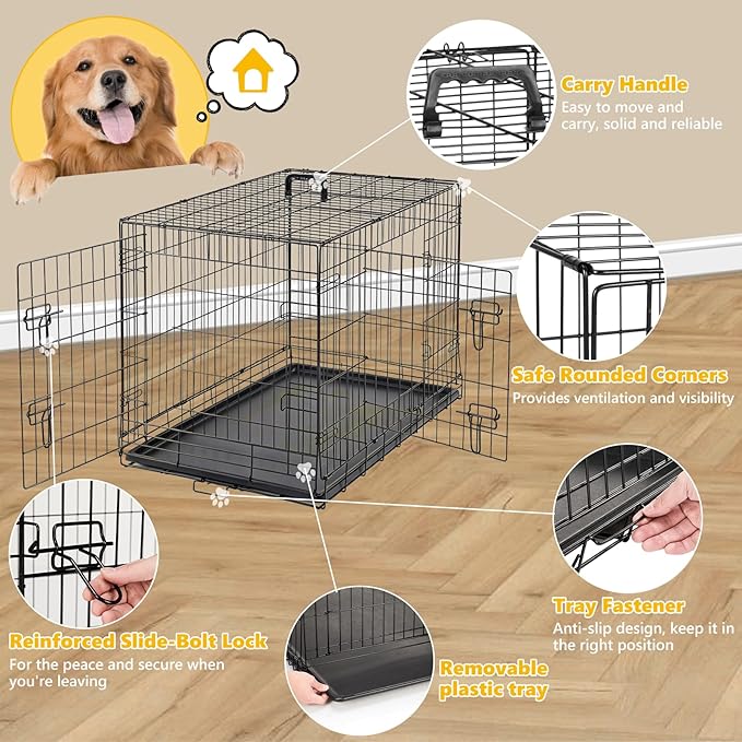 Dog Crate - Medium 36 Inch Double Door Portable Dog Cage, Metal Wire Pet Kennel with Secure Lock, Leak-Proof Pan Tray, Foldable Design for Dogs Pets Indoor Training and Outdoor Trave